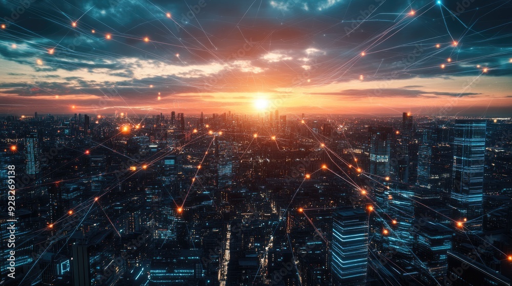 Fototapeta premium AI-driven world, advanced infrastructure, futuristic cityscape, digital networks