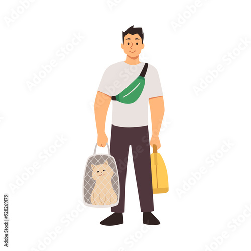 Vector illustration with a man holding a carrier with a cat inside and travel bags