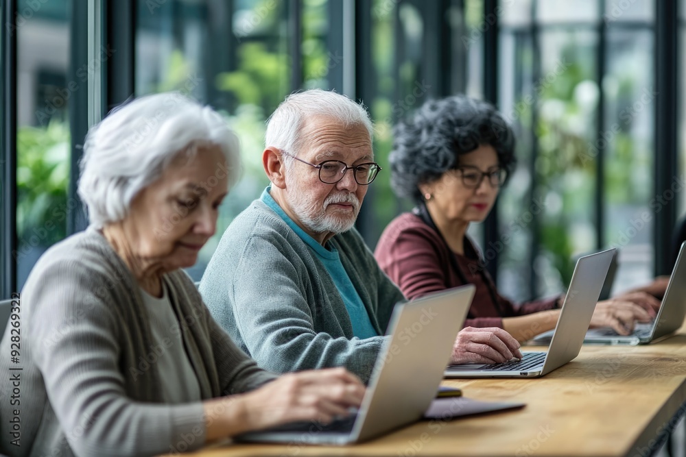 Group of elderly individuals in a technology workshop, learning to send emails and browse the internet on laptops Group of elderly individuals in a technology workshop, learning to send emails and browse the internet on laptops