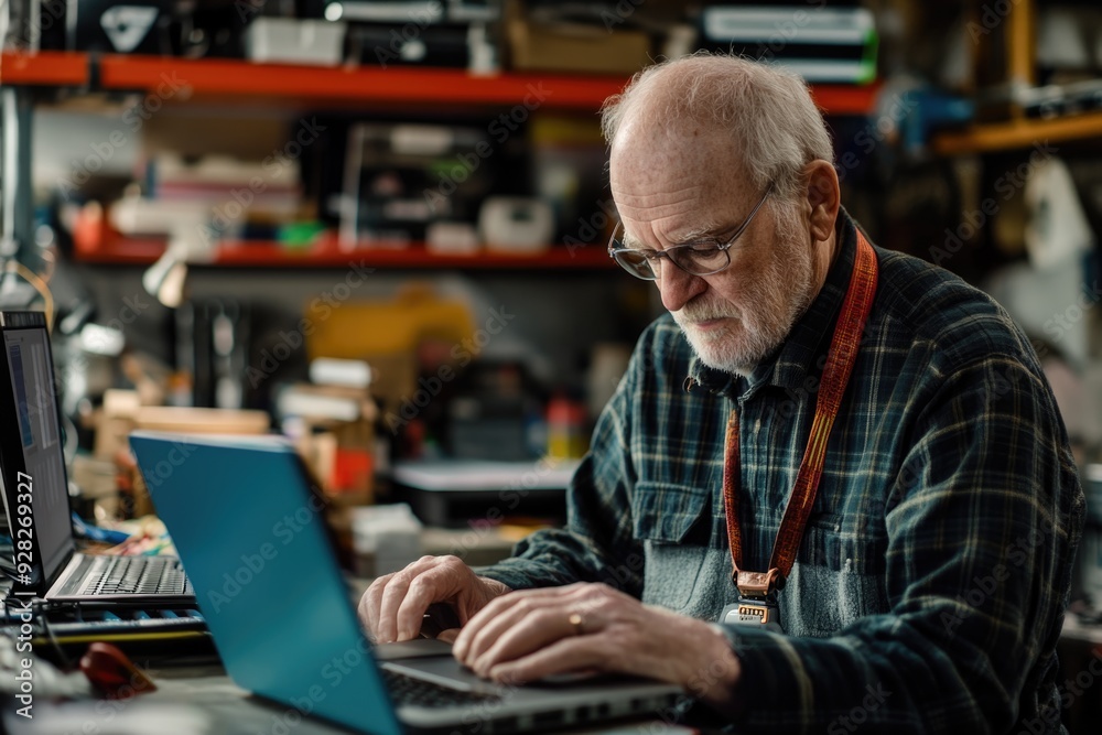 Elderly man in a technology workshop, learning to use a laptop to organize digital photos and files Elderly man in a technology workshop, learning to use a laptop to organize digital photos and files