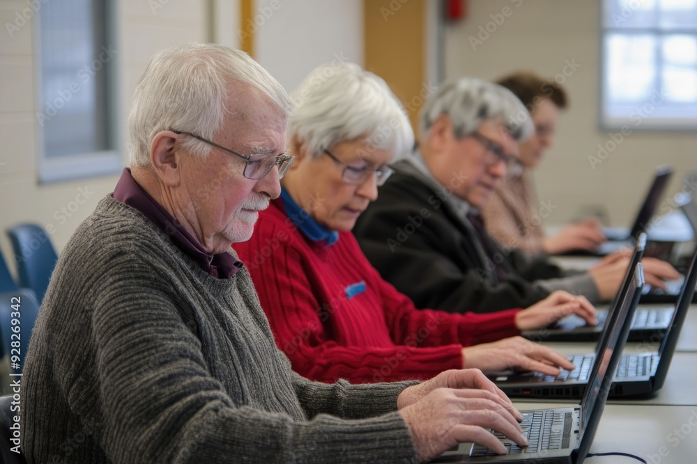Seniors in a technology workshop, each using laptops to learn about online safety and protecting personal information Seniors in a technology workshop, each using laptops to learn about online safety and protecting personal information