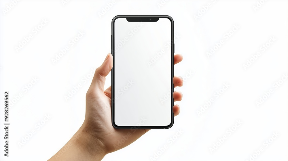 A person holds a blank smartphone against a light background in a bright setting A person holds a blank smartphone against a light background in a bright setting