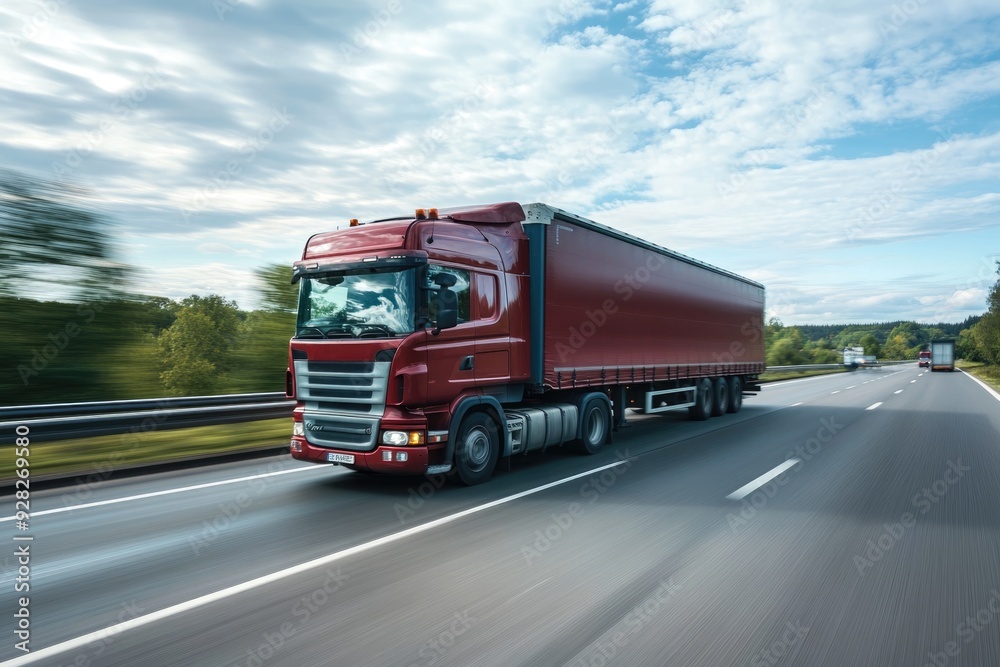 A transport truck racing down a dual carriageway, with motion blur enhancing the feeling of speed and efficiency in logistics operations A transport truck racing down a dual carriageway, with motion blur enhancing the feeling of speed and efficiency in logistics operations