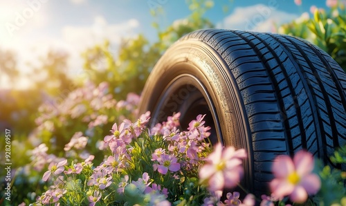 summer tires in the blooming spring in the sun - time for summer tires, Generative AI