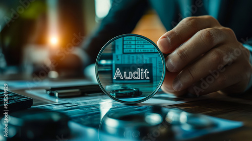 Businessman Using Magnifying Glass to Audit and Evaluate Financial Statements for Fraud Investigation Concept