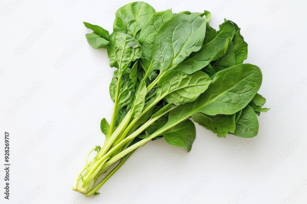 A fresh bunch of green spinach leaves, isolated on a pure white background A fresh bunch of green spinach leaves, isolated on a pure white background
