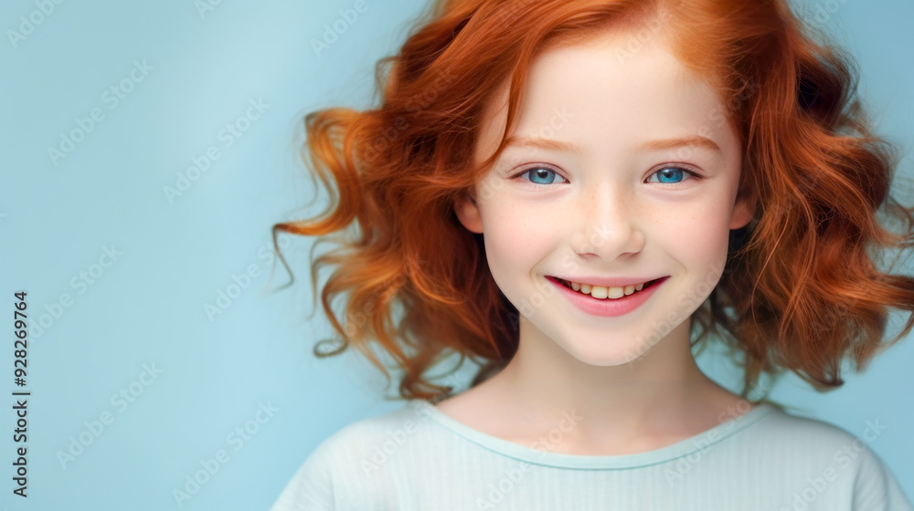 Portrait of a gorgeous cute smiling beautiful baby girl with red hair and perfect skin, light blue background, banner. Portrait of a gorgeous cute smiling beautiful baby girl with red hair and perfect skin, light blue background, banner.