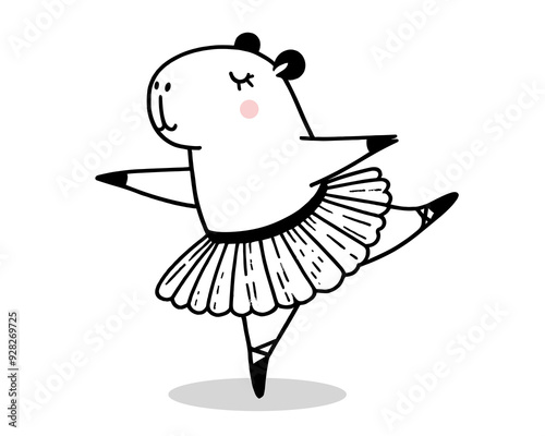 Cute whimsical capybara ballerina in dancing gracefully, vector doodle image