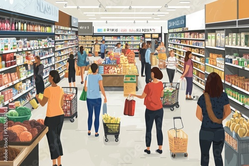 A bustling supermarket scene illustrated in vector style, filled with diverse shoppers navigating aisles, showcasing a lively retail environment