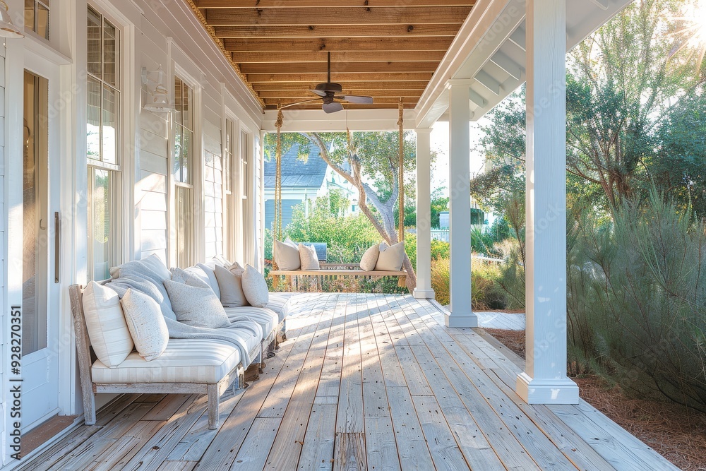 Coastal beach house front porch with white columns, wood planks, and a swing in Seaside Florida, captured in morning light. Editorial style, architectural digest photography. Coastal beach house front porch with white columns, wood planks, and a swing in Seaside Florida, captured in morning light. Editorial style, architectural digest photography.