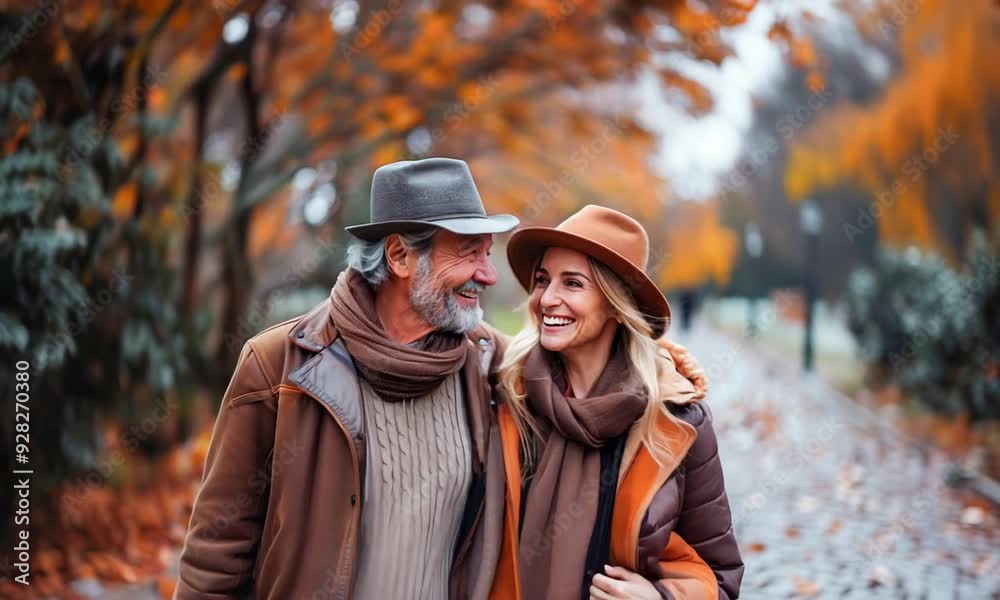 Two people share a warm moment while walking through a vibrant autumn park, surrounded by fallen leaves and scenic beauty Two people share a warm moment while walking through a vibrant autumn park, surrounded by fallen leaves and scenic beauty