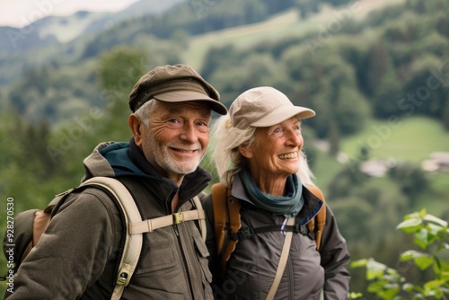 Happy elderly couple enjoying a scenic hike, their smiles and relaxed postures showing the joy of active retirement