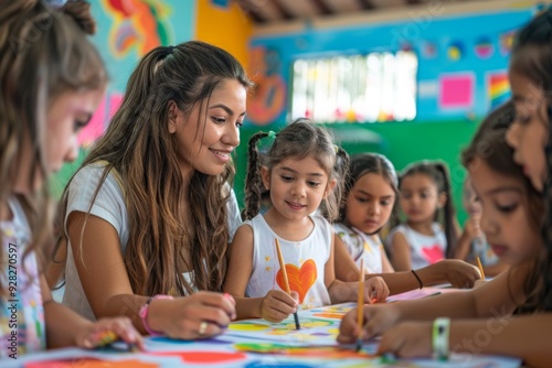 A group of young girls are painting on a table with a woman supervising them