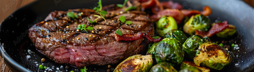 Grilled Steak with Bacon and Roasted Brussel Sprouts - Food Photography Grilled Steak with Bacon and Roasted Brussel Sprouts - Food Photography