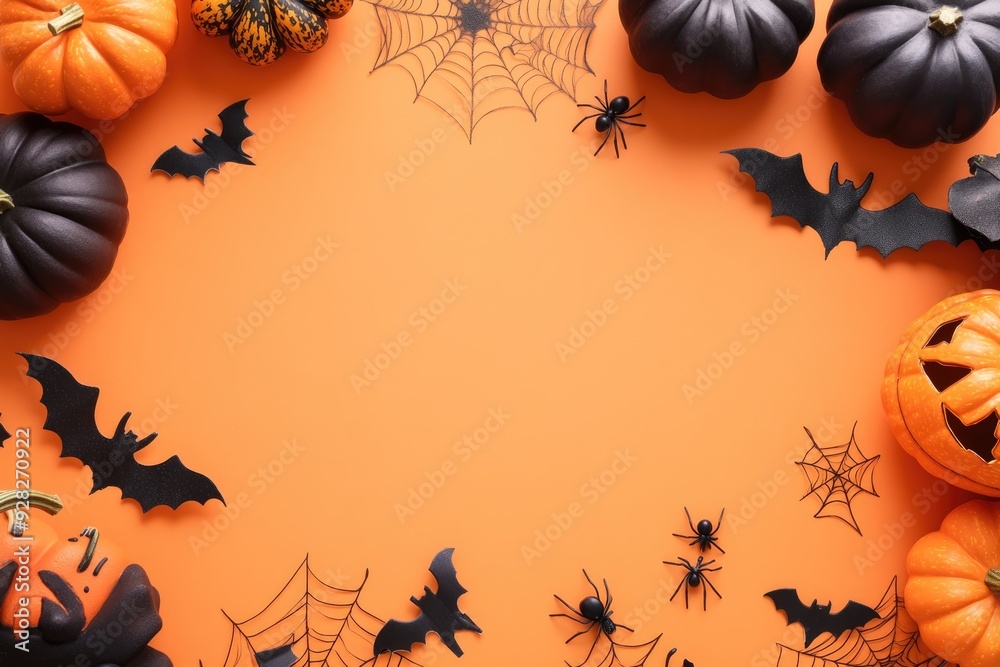 A Halloween flat lay with pumpkins, bats, and spiders on an orange background, leaving room in the center for personalized text, ideal for greeting card mockups A Halloween flat lay with pumpkins, bats, and spiders on an orange background, leaving room in the center for personalized text, ideal for greeting card mockups