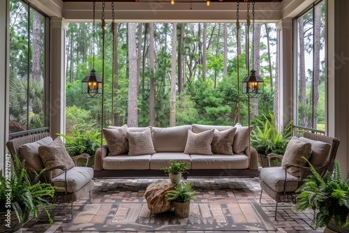Elegant luxurious screen porch with large windows  showcasing lush pine greenery. Features sofa swing  earthy-toned cushions  two chairs  potted ferns  area rug on brick floor  pendant lights