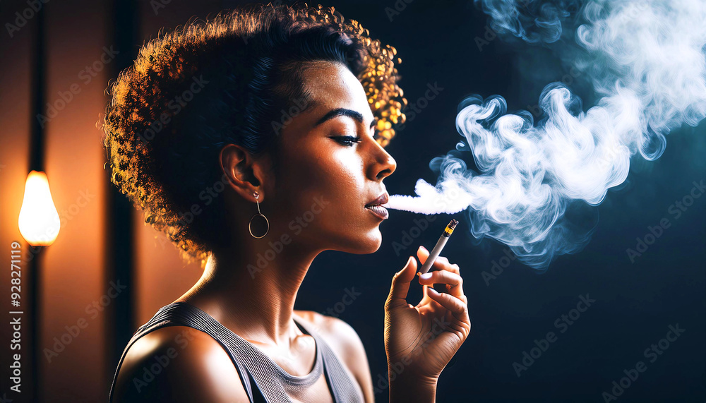 Fototapeta premium Stylish Woman Exhaling Smoke in Dramatic Lighting
