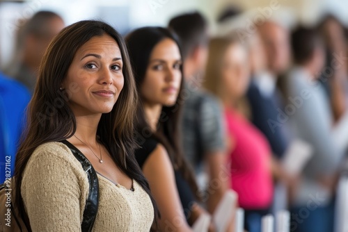 A diverse group of voters waiting in line at an American polling station, eager to cast their ballots in a national election