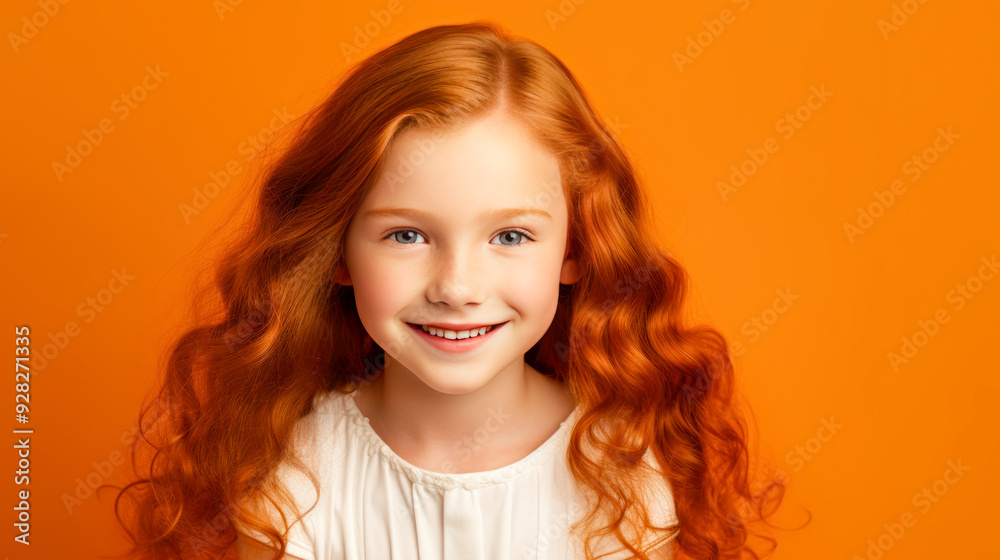 Portrait of a gorgeous cute smiling beautiful baby girl with red hair and perfect skin, orange background, banner. Portrait of a gorgeous cute smiling beautiful baby girl with red hair and perfect skin, orange background, banner.