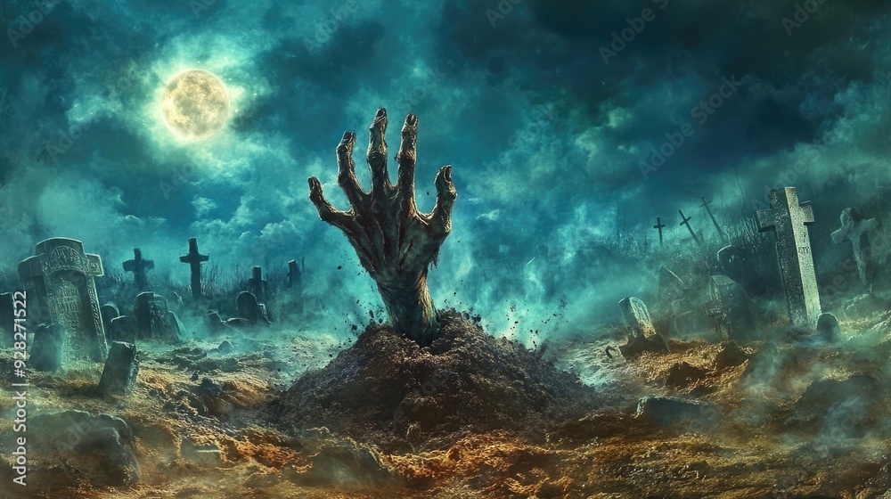Fototapeta premium Chilling Halloween background with a zombie hand breaking through the earth in a misty graveyard, under the light of a full moon, creating a dark and sinister atmosphere