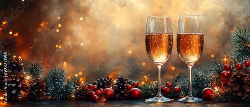 Elegant champagne glasses adorned with festive decor, capturing the essence of celebration and holiday joy.