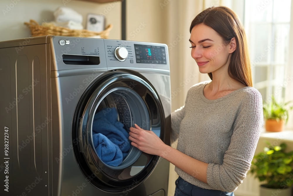 A young woman standing by a washing machine, closing the door with a satisfied expression, enjoying the efficiency of doing laundry at home