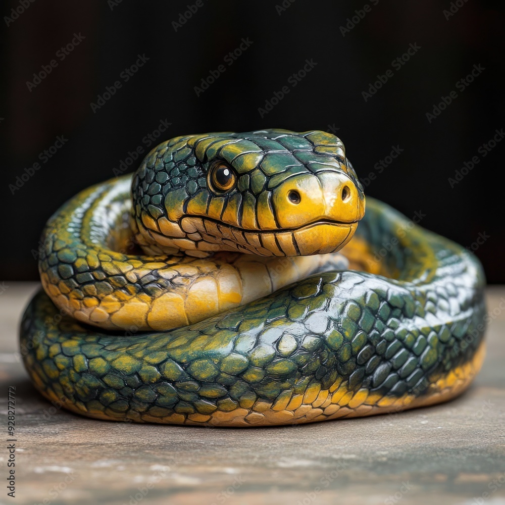 A realistic sculpture of a coiled snake with vibrant green and yellow patterns. A realistic sculpture of a coiled snake with vibrant green and yellow patterns.