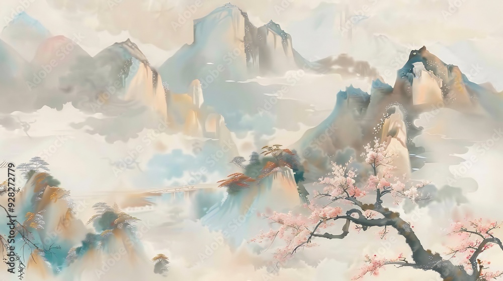 Fototapeta premium chinoiseries style painting of panorama mountain scene, illustration