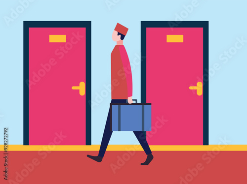 A bellboy carries luggage to a hotel room.