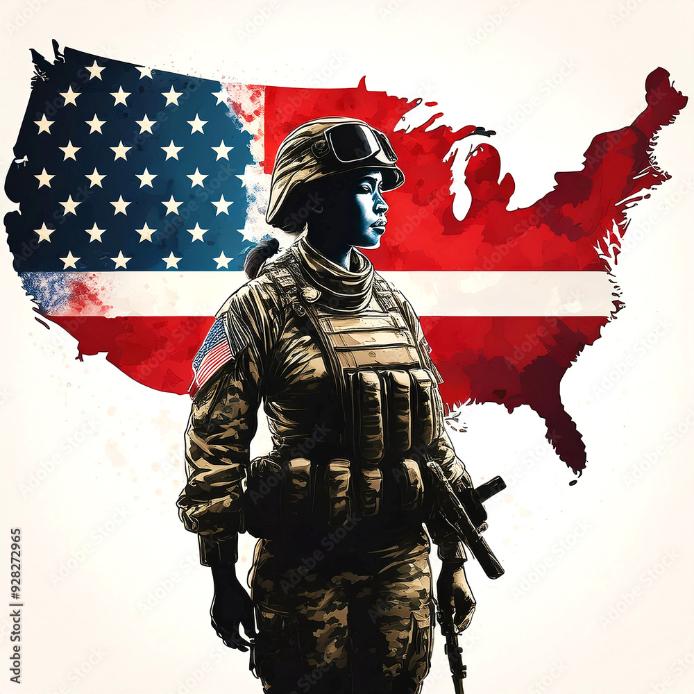 Artistic Tribute to U.S. Soldier with American Map Background Artistic Tribute to U.S. Soldier with American Map Background