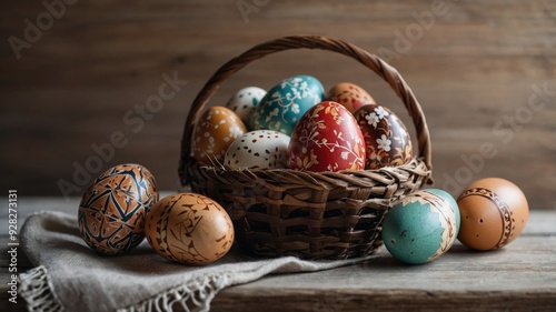 Decorative Easter eggs made of wood in a woven basket. photo