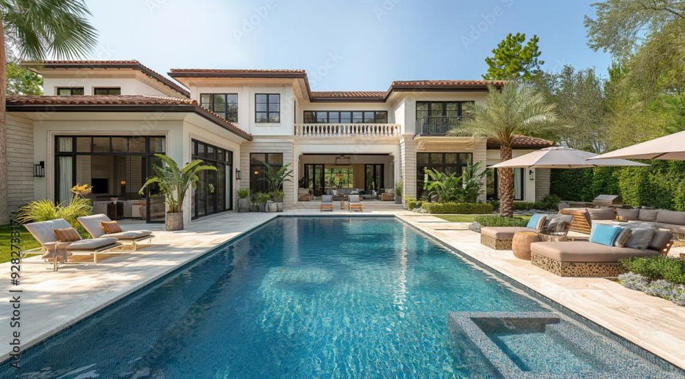 Fototapeta premium Outdoor swimming pool with sun loungers in front of the villa, created with Generative AI technology