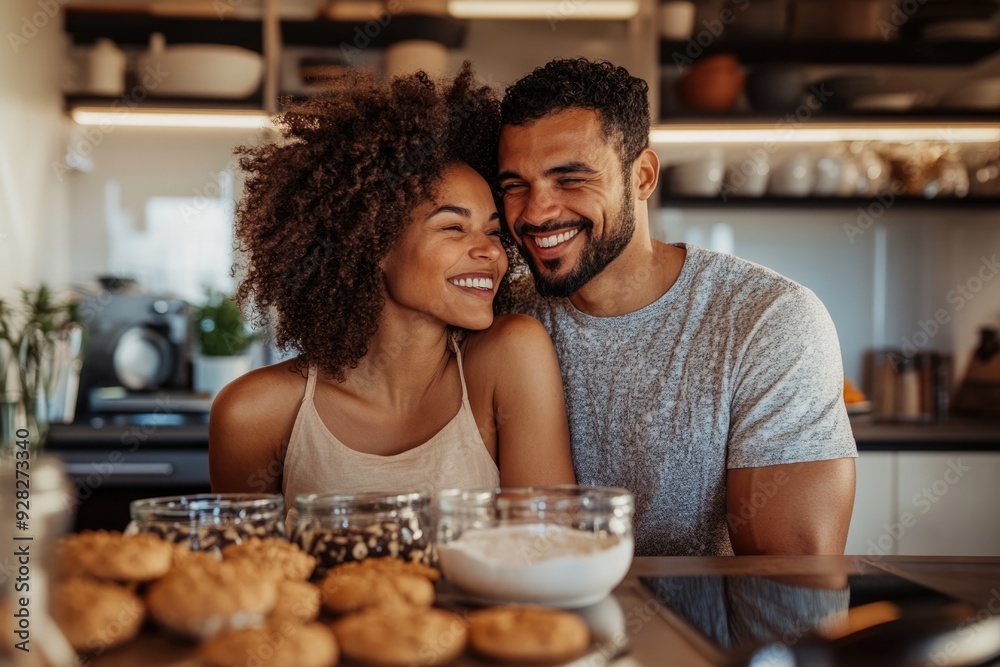 A couple smiling at each other while baking cookies in a modern kitchen, enjoying the sweet experience of creating homemade treats together A couple smiling at each other while baking cookies in a modern kitchen, enjoying the sweet experience of creating homemade treats together