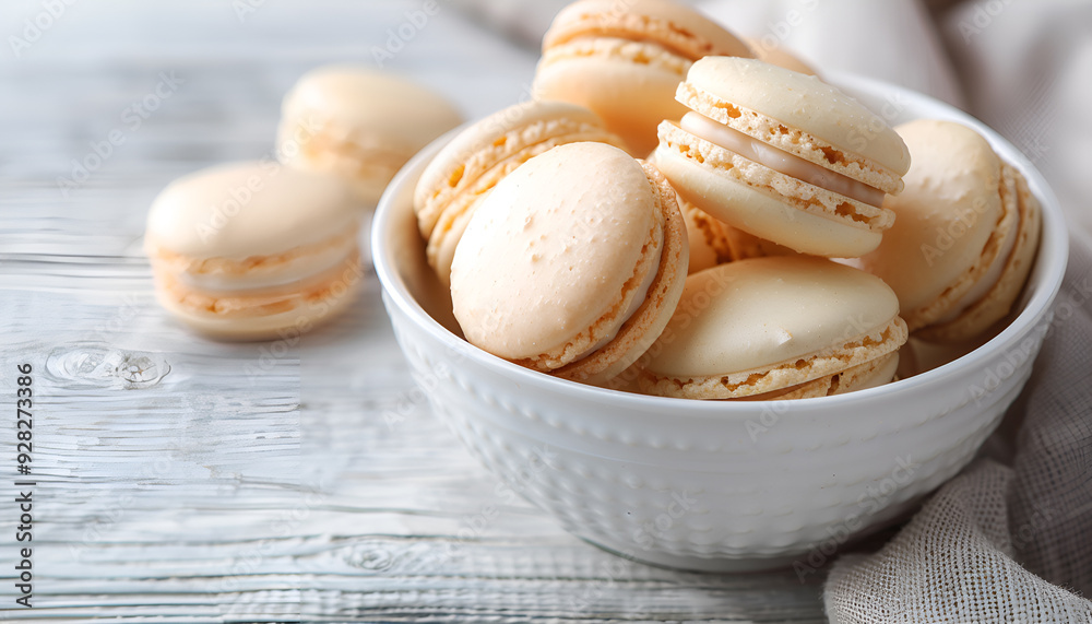 Macaroons in bowl on wooden table close-up Macaroons in bowl on wooden table close-up