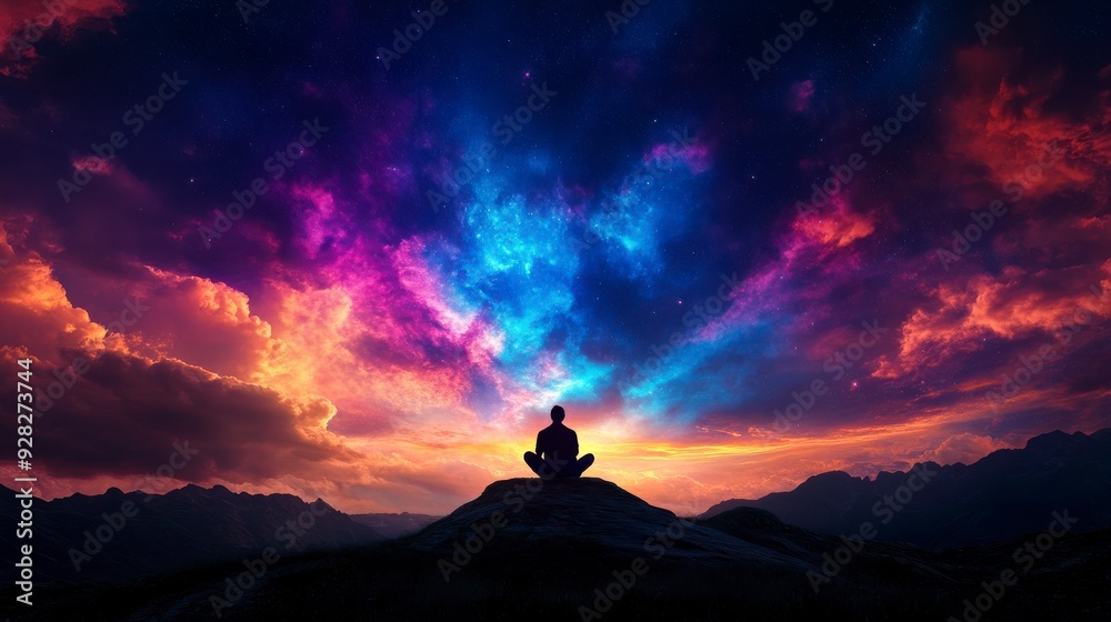 A serene silhouette of a person meditating against a vibrant, colorful sunset, symbolizing peace and tranquility. A serene silhouette of a person meditating against a vibrant, colorful sunset, symbolizing peace and tranquility.
