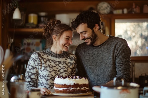 A couple smiling at each other while baking a cake in a cozy kitchen, savoring the creative process of making a delicious dessert