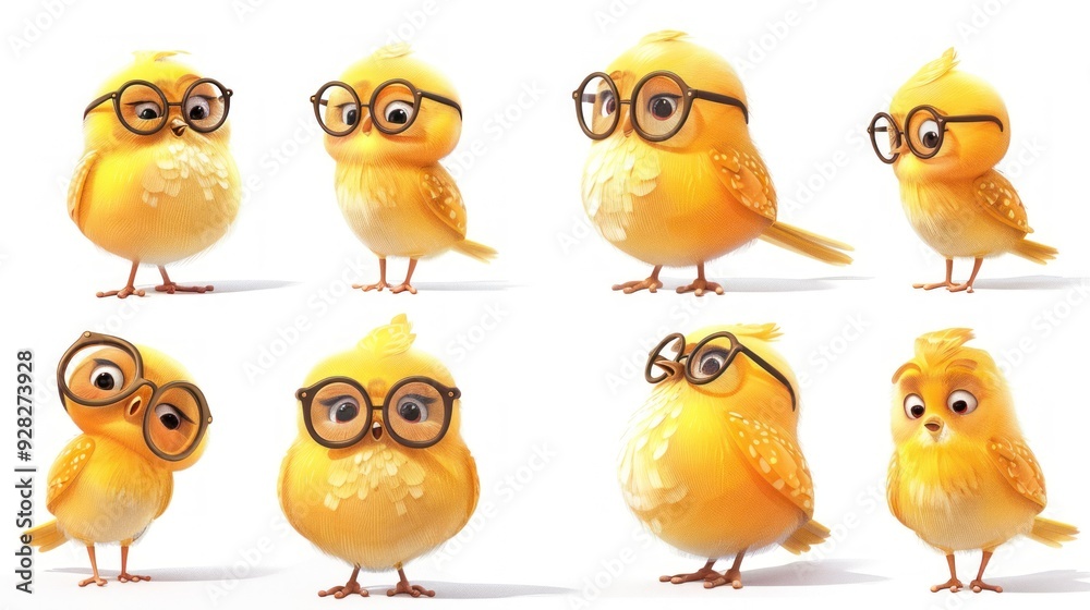 A collection of cute cartoon yellow birds wearing glasses in various poses. A collection of cute cartoon yellow birds wearing glasses in various poses.