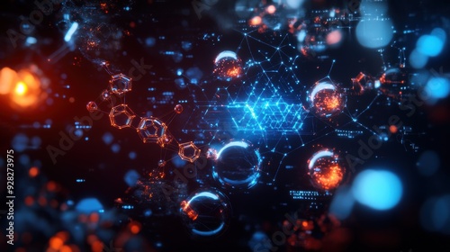 A holographic taxonomy chart displays biochemistry molecules in a futuristic analysis setup. 