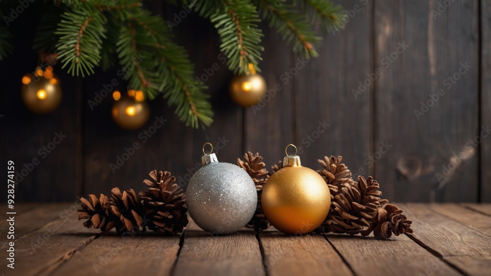 Christmas decorations on a wooden surface Copyspace Xmas border.