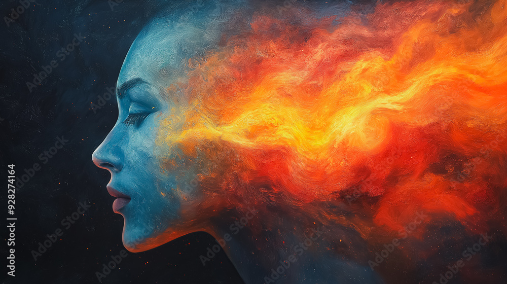 A woman's face is painted with a fiery orange flame. The painting is abstract and has a surreal feel to it. The woman's face is the focal point of the painting A woman's face is painted with a fiery orange flame. The painting is abstract and has a surreal feel to it. The woman's face is the focal point of the painting