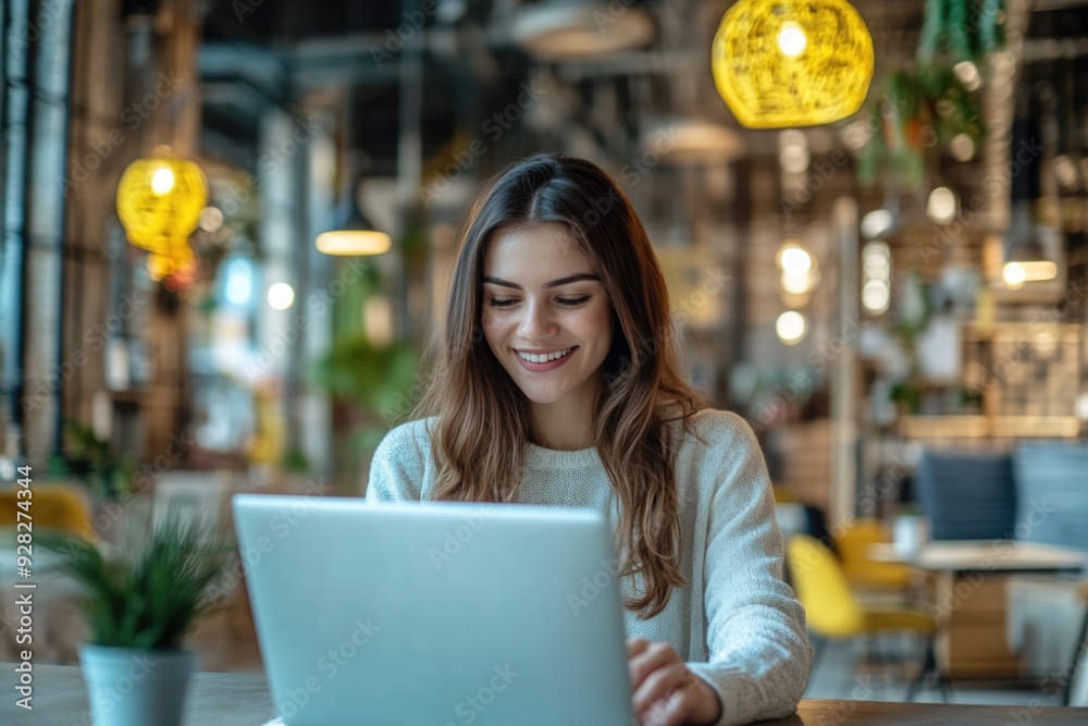 A brightly lit, high-resolution image of a young woman marketer, smiling as she reviews her work on a laptop in a stylish, modern workspace A brightly lit, high-resolution image of a young woman marketer, smiling as she reviews her work on a laptop in a stylish, modern workspace