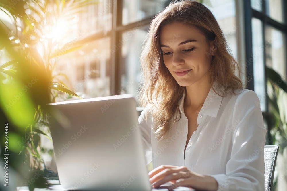 A photorealistic candid shot of a young professional woman marketer, focused on her laptop in a sunlit, elegant office, exuding a light, happy feel A photorealistic candid shot of a young professional woman marketer, focused on her laptop in a sunlit, elegant office, exuding a light, happy feel