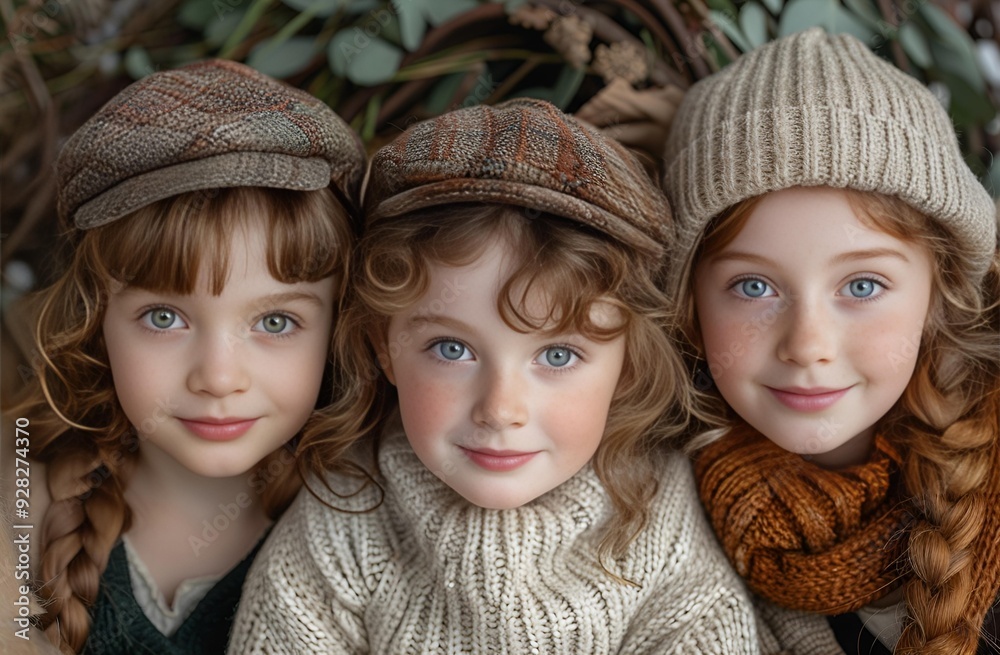 a group of children wearing hats. a group of children wearing hats.