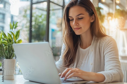 Free Download A photorealistic image of a young woman marketer, typing on her laptop in a bright, stylish workspace, the scene exuding a light, happy feel - GFXLoad
