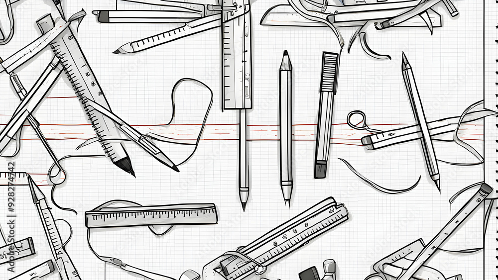 A variety of drawing tools arranged intricately on graph paper, showcasing creativity and artistry in a balanced layout. A variety of drawing tools arranged intricately on graph paper, showcasing creativity and artistry in a balanced layout.