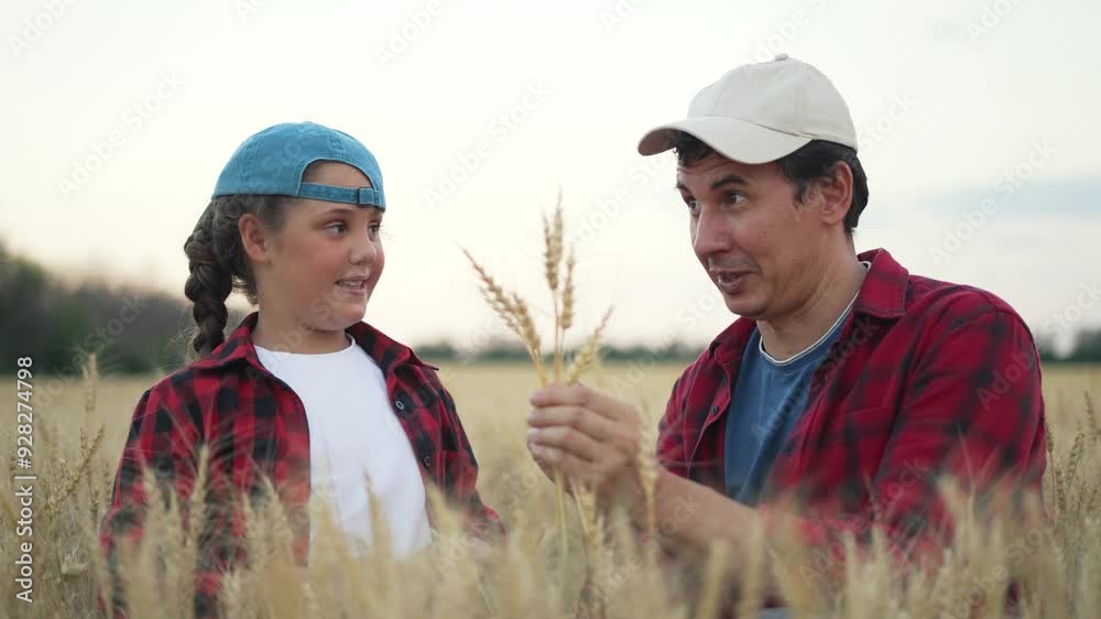 Father daughter wheat field. Farmer family inspects crop at sunset. bond time. Wheat harvesting season. Family learning about farm. farmer family wheat field at sunset. Crop inspection dur golden hour Father daughter wheat field. Farmer family inspects crop at sunset. bond time. Wheat harvesting season. Family learning about farm. farmer family wheat field at sunset. Crop inspection dur golden hour