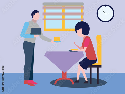 The boy is serving food to the girl.