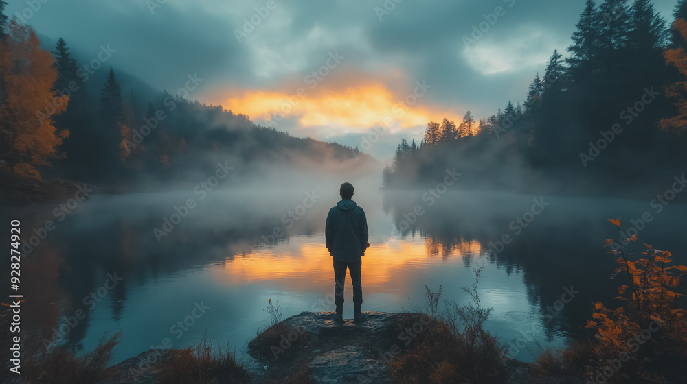 A man stands on a rock overlooking a lake. The sky is orange and the water is calm. The man is lost in thought, taking in the beauty of the scene A man stands on a rock overlooking a lake. The sky is orange and the water is calm. The man is lost in thought, taking in the beauty of the scene