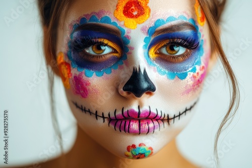 High-resolution brightly lit photorealistic photograph of a young woman with Mexican skull make-up art, her face adorned with vibrant colors, celebrating the cultural significance of Day of the Dead.