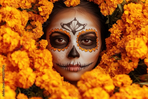 High-resolution brightly lit photorealistic photograph of a young woman with Mexican skull make-up art, her face framed by marigolds, symbolizing the cultural significance of DÃ­a de los Muertos. The photo